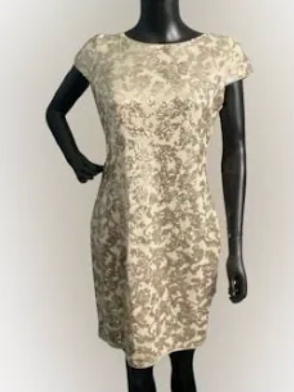 Calvin Klein Cream & Tan Patterned Short Sleeve Shift Dress